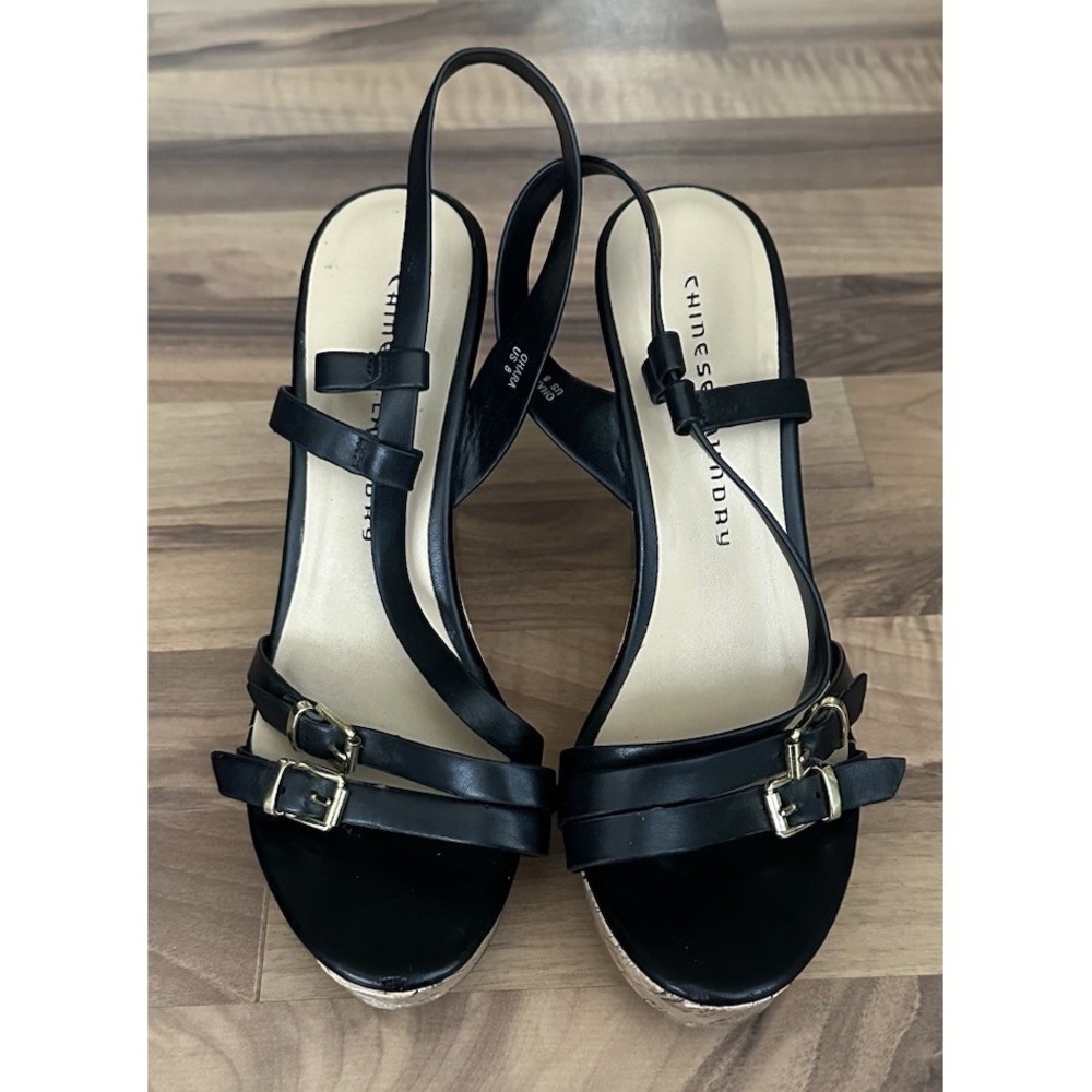 Chinese Laundry Black Leather Cork Wedge Platform Sandal Summer Heels Size 8 - Picture 2 of 11